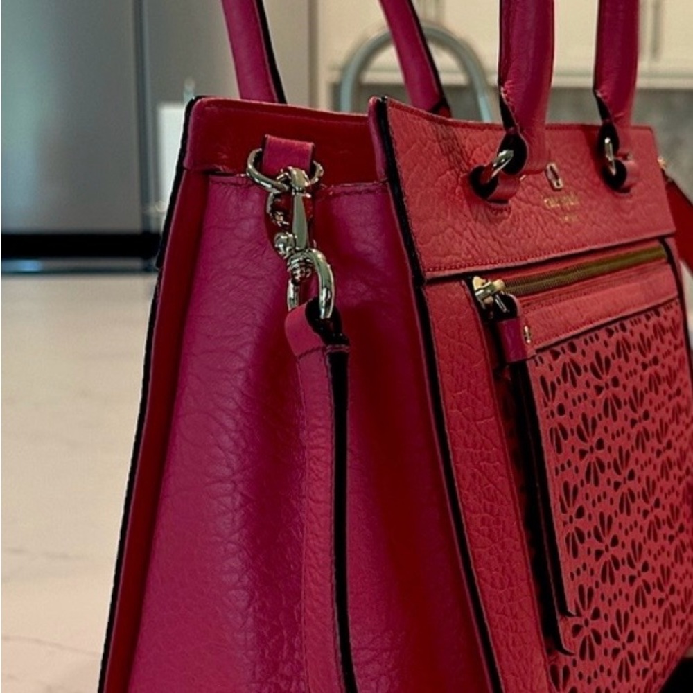 Kate Spade Pink Floral Cutout Leather Satchel - Picture 3 of 7